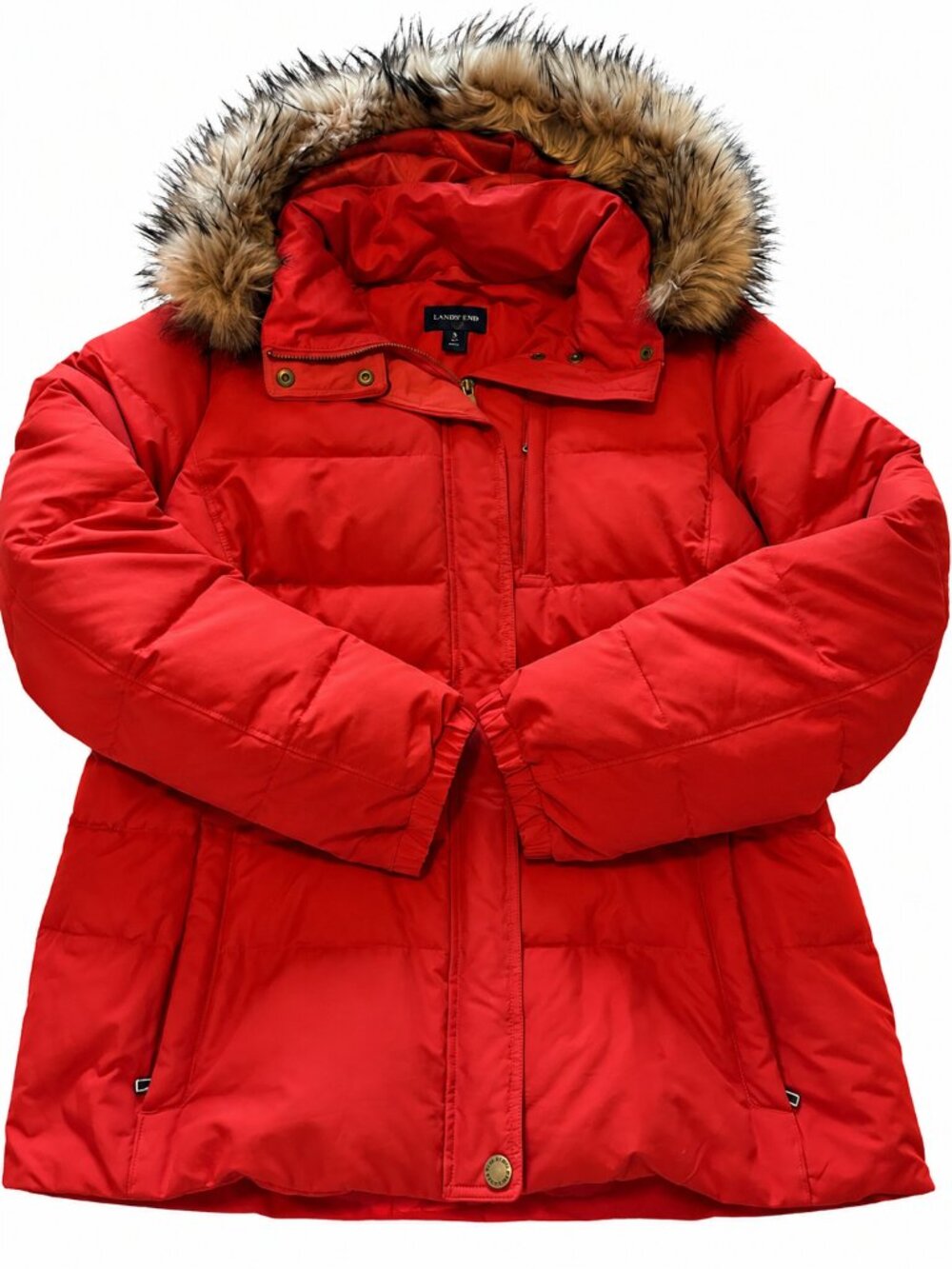 Lands' End Down Puffer Faux Fur Hooded Jacket in Orange/Red XL 18
